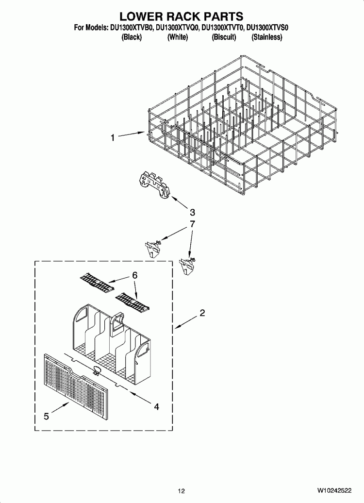 LOWER RACK PARTS Diagram and Parts List for DU1300XTVQ0  Whirlpool Dishwasher