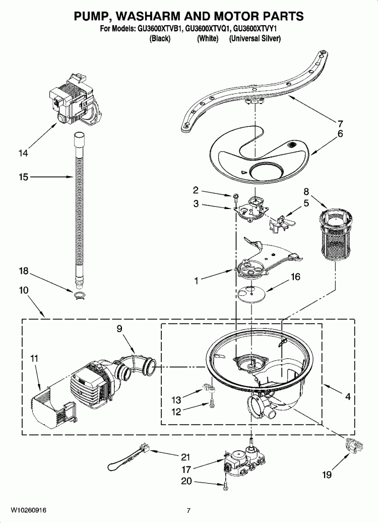 PUMP, WASHARM AND MOTOR PARTS Diagram and Parts List for GU3600XTVQ1  Whirlpool Dishwasher