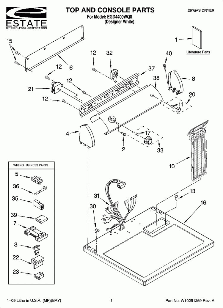TOP AND CONSOLE PARTS Diagram and Parts List for EGD4400WQ0  Estate Dryer
