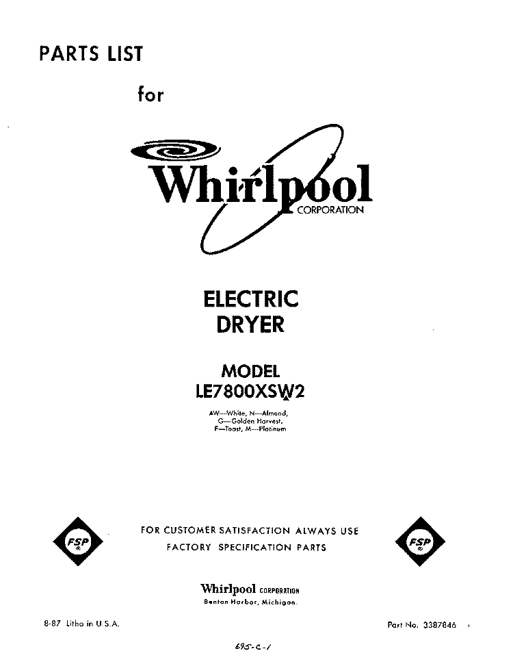 SECTION Diagram and Parts List for LE7800XSW2  Whirlpool Dryer