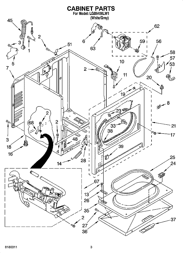 CABINET PARTS Diagram and Parts List for LGB6400LW1  Whirlpool Dryer