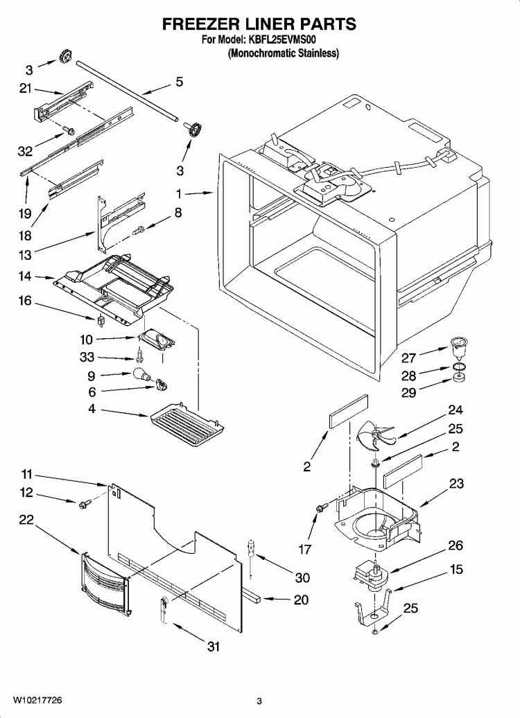 FREEZER LINER PARTS Diagram and Parts List for KBFL25EVMS00  KitchenAid Refrigerator