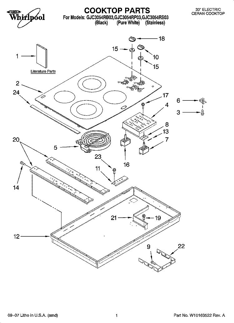 COOKTOP PARTS, OPTIONAL PARTS Diagram and Parts List for GJC3054RB03  Whirlpool Cooktop