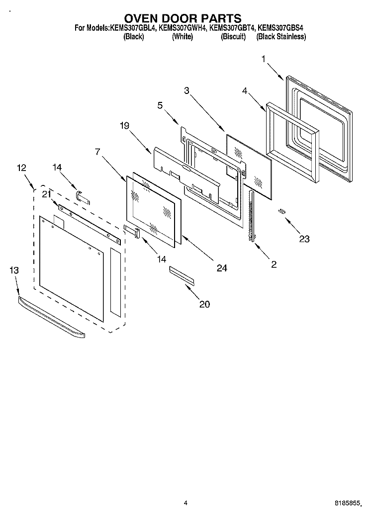 OVEN DOOR Diagram and Parts List for KEMS307GBT4  KitchenAid Microwave Oven Combo