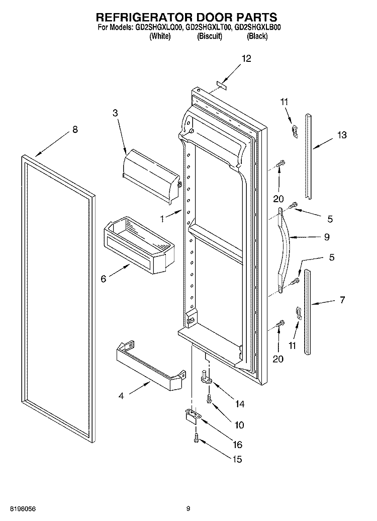 REFRIGERATOR DOOR Diagram and Parts List for GD2SHGXLQ00  Whirlpool Refrigerator