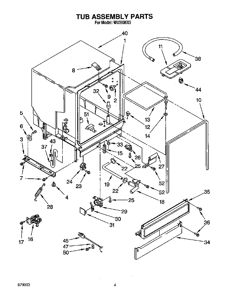 TUB ASSEMBLY Diagram and Parts List for WU3006X5  Roper Dishwasher