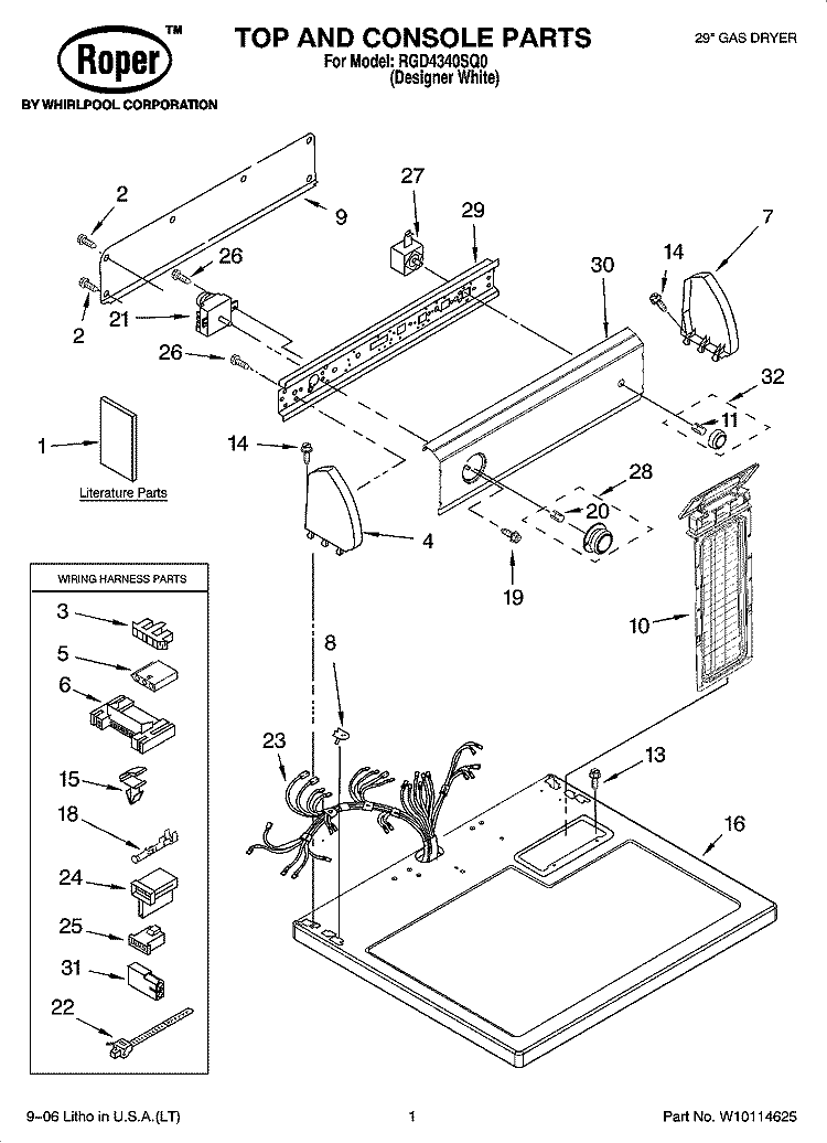TOP AND CONSOLE PARTS Diagram and Parts List for RGD4340SQ0  Roper Dryer