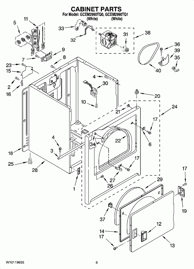 CABINET PARTS, OPTIONAL PARTS (NOT INCLUDED) Diagram and Parts List for GCEM2990TQ1  Whirlpool Dryer