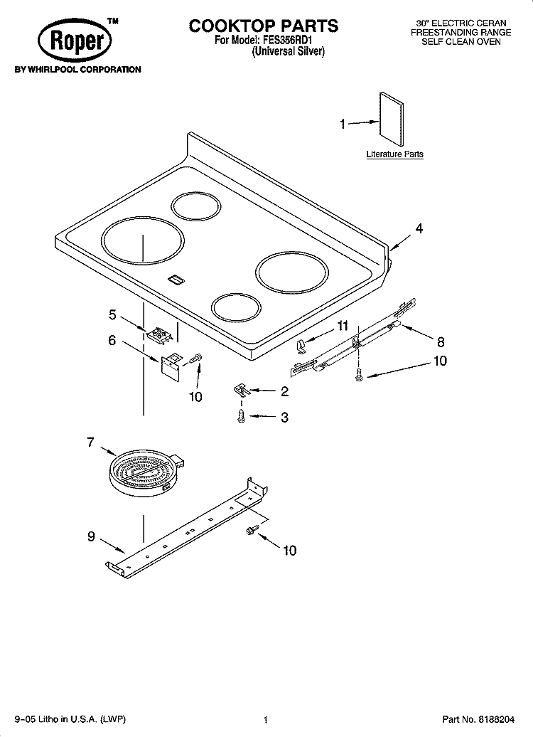 COOKTOP PARTS Diagram and Parts List for FES356RD1  Roper Range