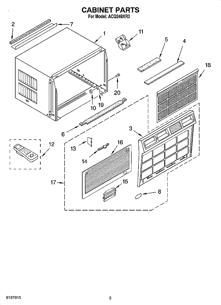 CABINET PARTS Diagram and Parts List for ACQ249XR3  Whirlpool Air Conditioner