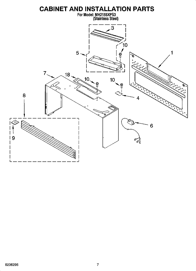 CABINET AND INSTALLATION PARTS Diagram and Parts List for MH2155XPS3  Whirlpool Microwave