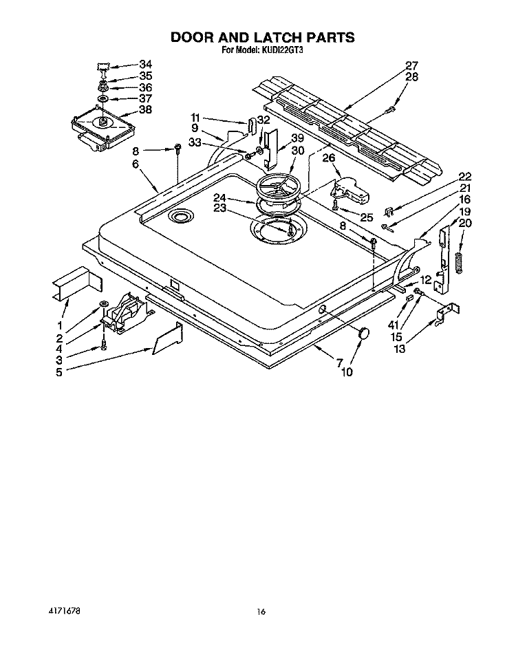 DOOR AND LATCH Diagram and Parts List for KUDI22GT3  KitchenAid Dishwasher