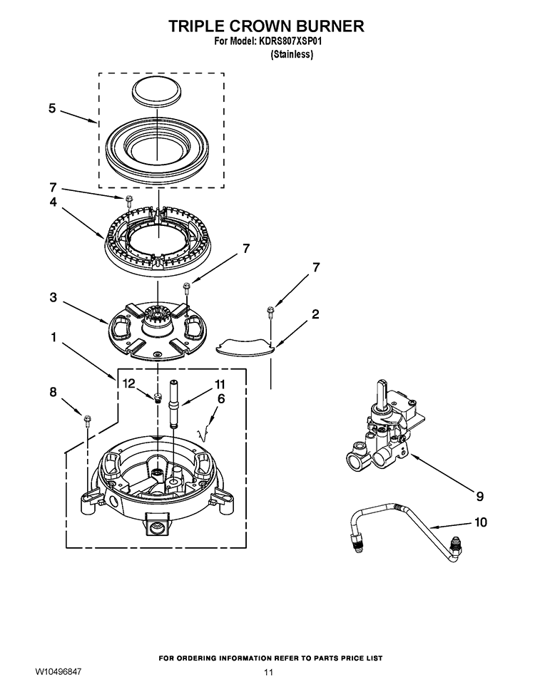 TRIPLE CROWN BURNER Diagram and Parts List for KDRS807XSP01  KitchenAid Range