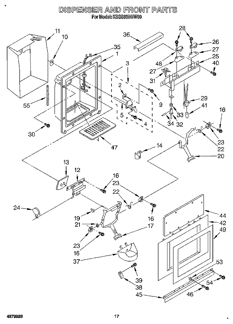 DISPENSER AND FRONT Diagram and Parts List for KSSS36DBW00  KitchenAid Refrigerator
