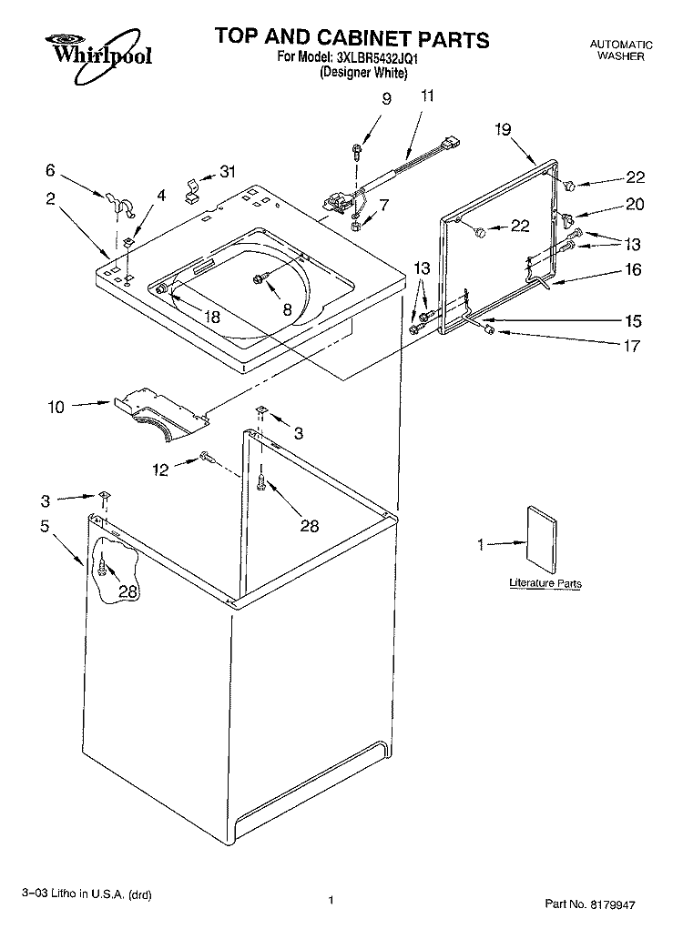 TOP AND CABINET PARTS Diagram and Parts List for 3XLBR5432JQ1  Whirlpool Washer
