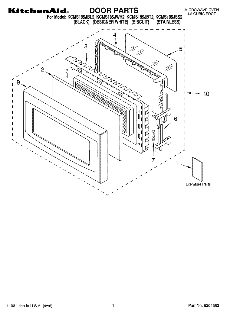 DOOR PARTS Diagram and Parts List for KCMS185JBL2  KitchenAid Microwave