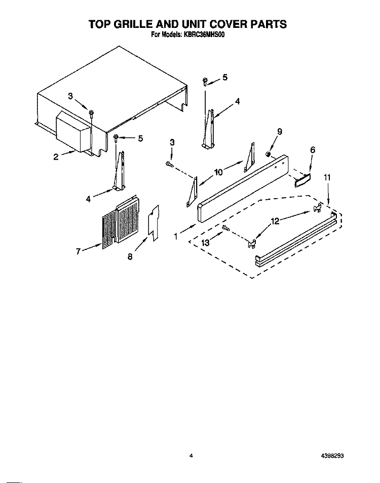 TOP GRILLE AND UNIT COVER Diagram and Parts List for KBRC36MHS00  KitchenAid Refrigerator