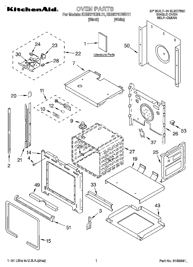 OVEN, LITERATURE Diagram and Parts List for KEBI171DBL11  KitchenAid Wall Oven