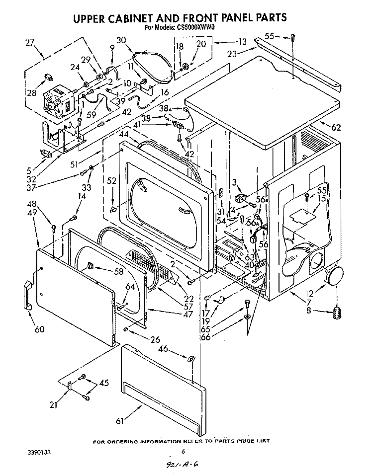 UPPER CABINET AND FRONT PANEL Diagram and Parts List for CS5000XWN0  Whirlpool Dryer