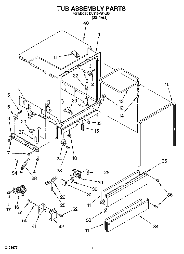 TUB ASSEMBLY Diagram and Parts List for DU915PWKS0  Whirlpool Dishwasher