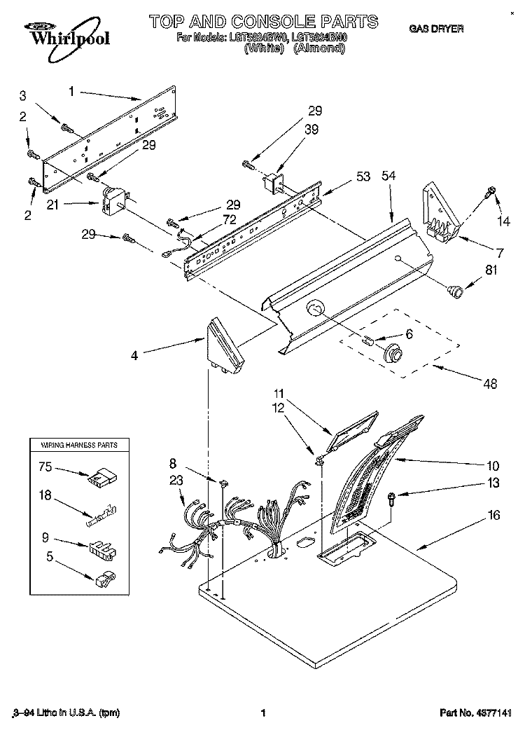 TOP AND CONSOLE, LIT/OPTIONAL Diagram and Parts List for LGT5624BW0  Whirlpool Dryer