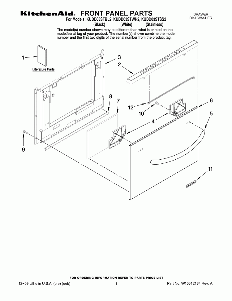 FRONT PANEL PARTS Diagram and Parts List for KUDD03STBL2  KitchenAid Dishwasher