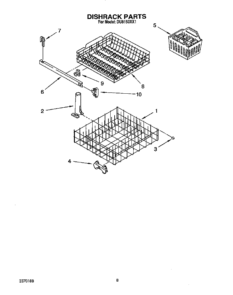 DISHRACK Diagram and Parts List for DU8150XX1  Whirlpool Dishwasher
