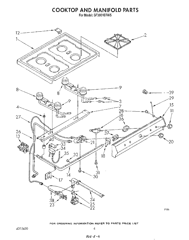 COOK TOP AND MANIFOLD , LITERATURE Diagram and Parts List for SF3001ERW5  Whirlpool Range