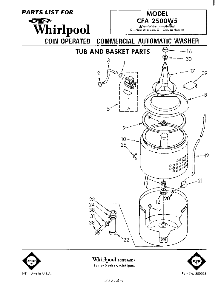 TUB AND BASKET Diagram and Parts List for CFA2500W5  Whirlpool Washer