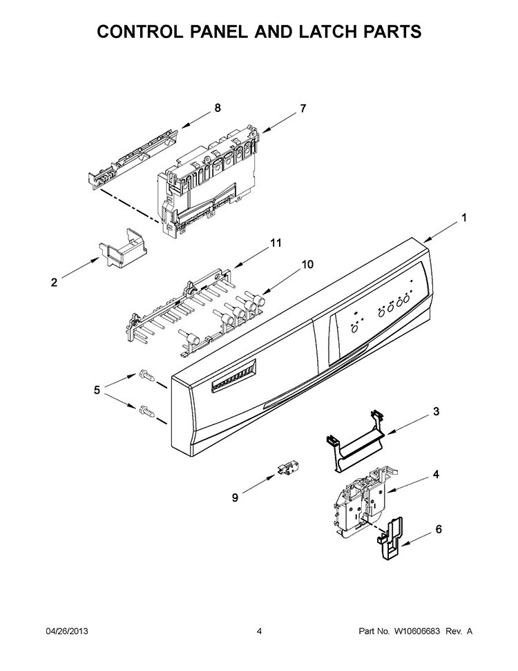CONTROL PANEL AND LATCH PARTS Diagram and Parts List for WDF111PABB0  Whirlpool Dishwasher