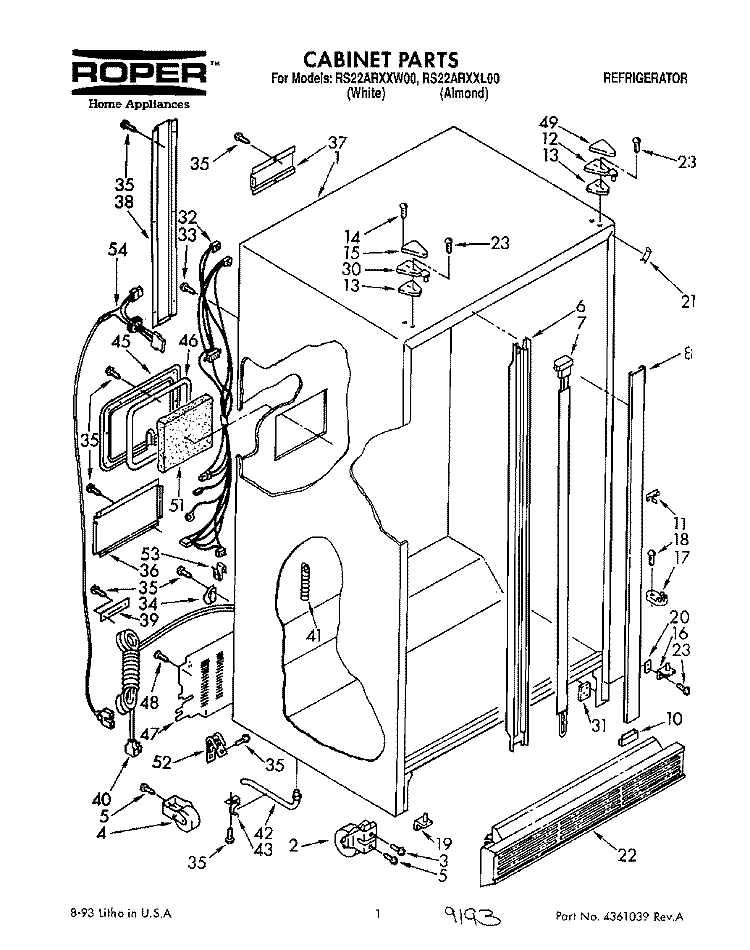CABINET Diagram and Parts List for RS22ARXXW00  Roper Refrigerator