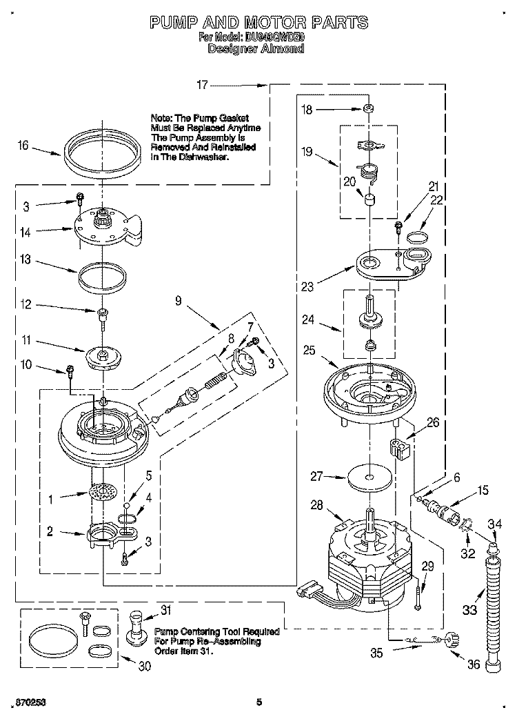 PUMP AND MOTOR Diagram and Parts List for DU940QWDZ0  Whirlpool Dishwasher