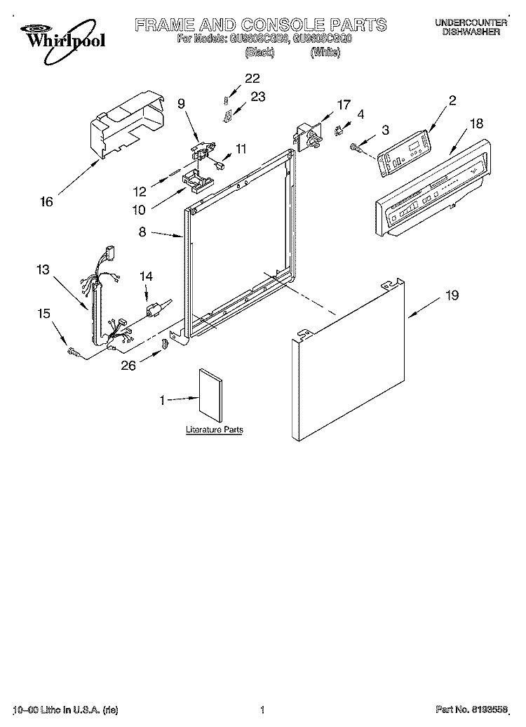 FRAME & CONSOLE, LITERATURE Diagram and Parts List for GU960SCGQ0  Whirlpool Dishwasher