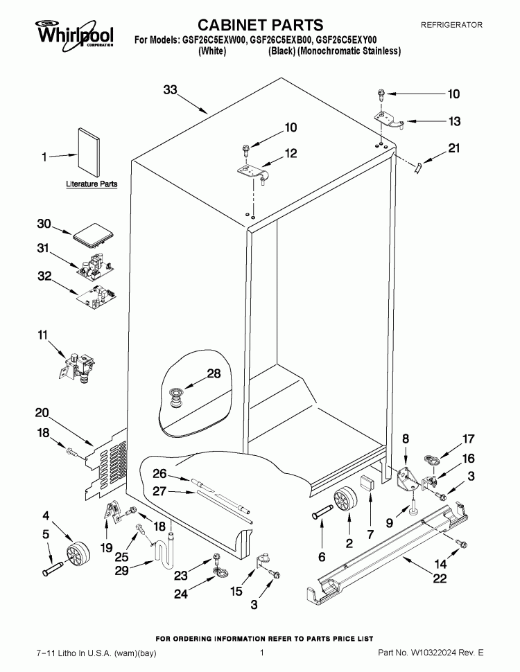 CABINET PARTS Diagram and Parts List for GSF26C5EXB00  Whirlpool Refrigerator