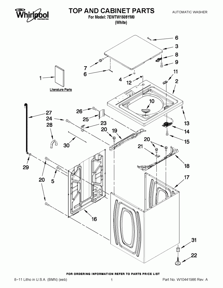 TOP AND CABINET PARTS Diagram and Parts List for 7EWTW1509YM0  Whirlpool Washer