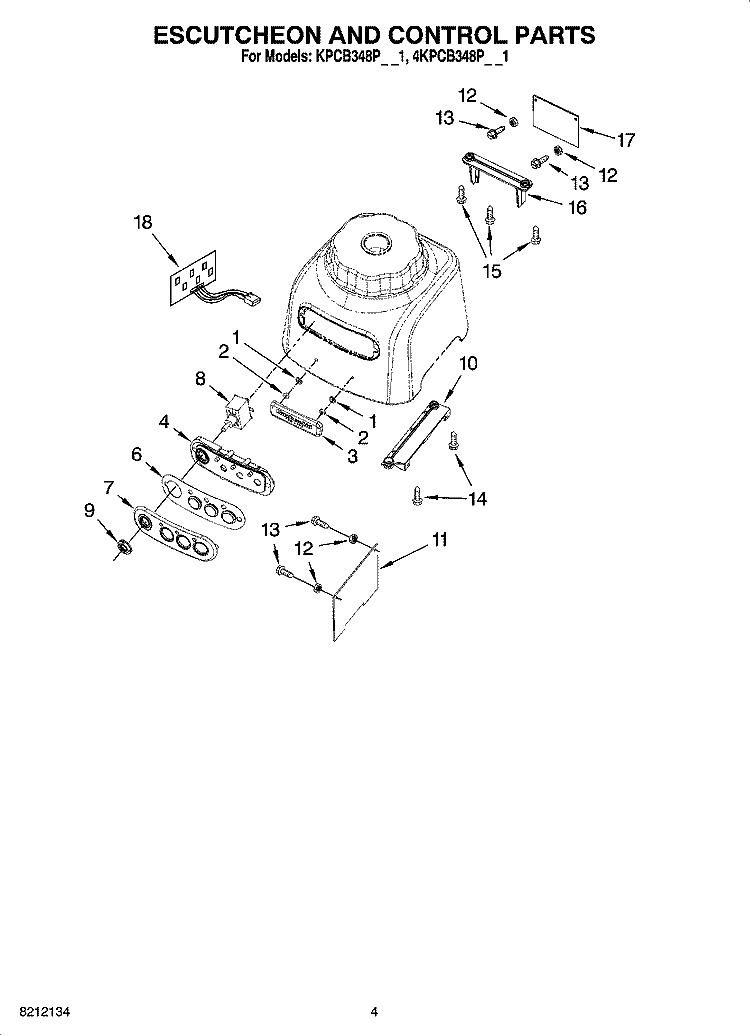 ESCUTCHEON AND CONTROL PARTS Diagram and Parts List for 4KPCB348PPM1  KitchenAid Blender