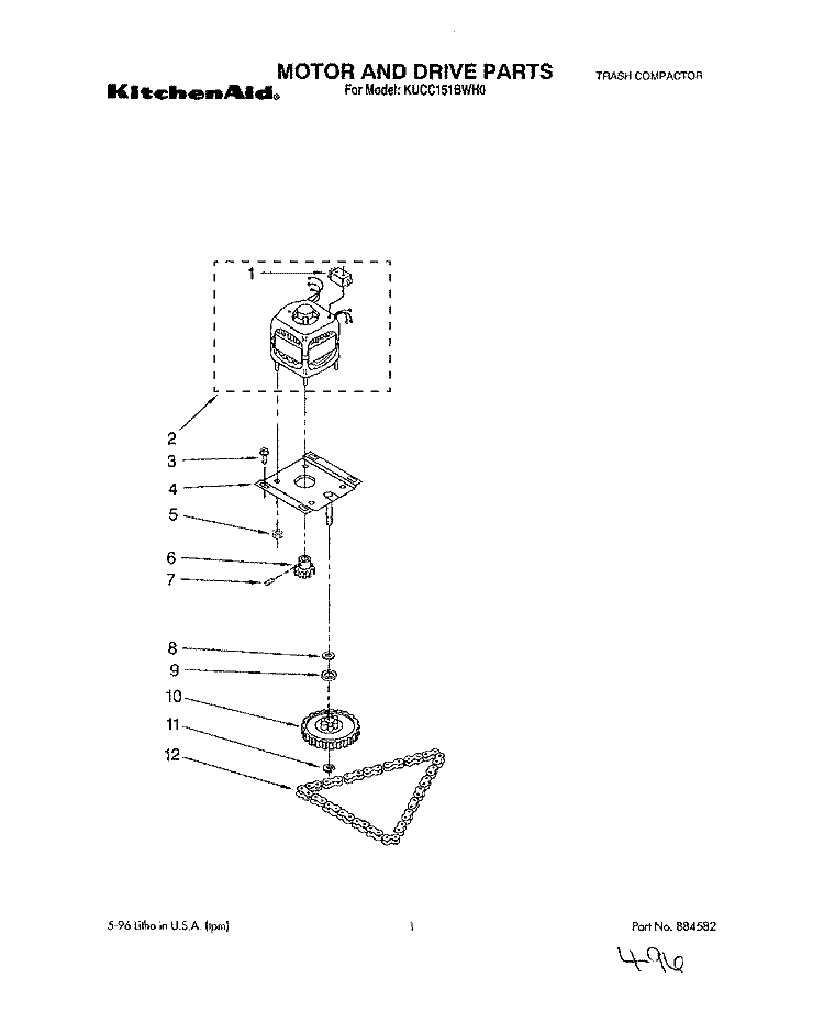 MOTOR AND DRIVE, LITERATURE Diagram and Parts List for KUCC151BWH0  KitchenAid Trash Compactor