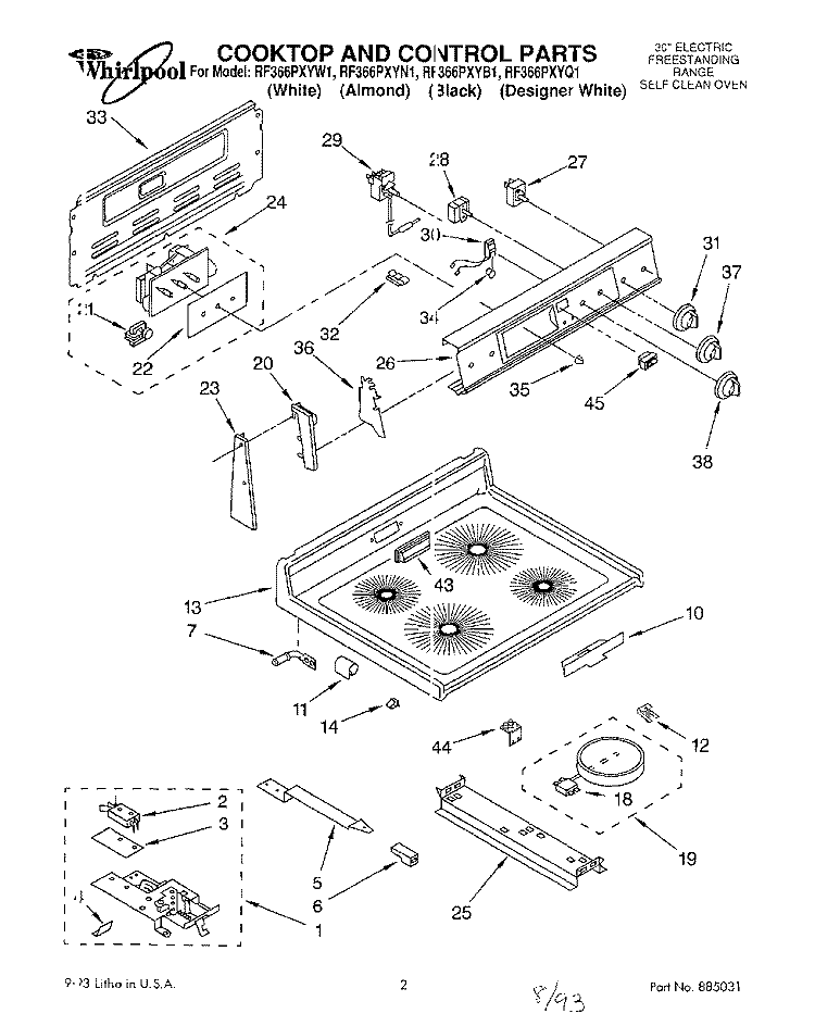 COOKTOP AND CONTROL, LIT/OPTIONAL Diagram and Parts List for RF366PXYQ1  Whirlpool Range