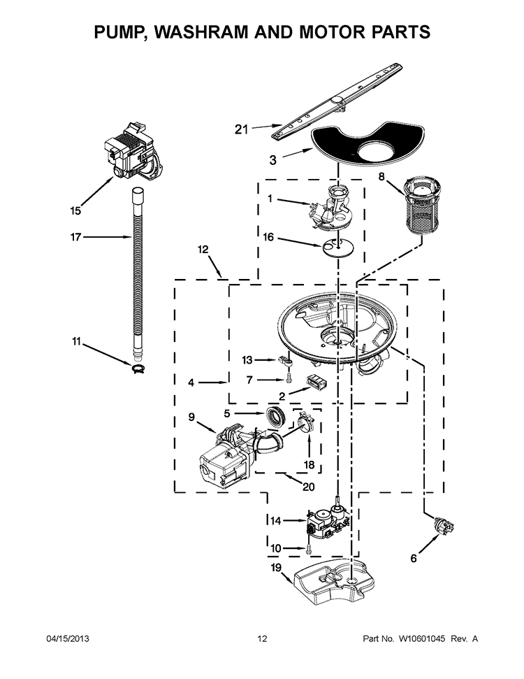 PUMP, WASHARM AND MOTOR PARTS Diagram and Parts List for WDF775SAYW2  Whirlpool Dishwasher