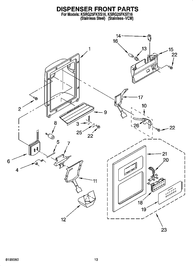 DISPENSER FRONT PARTS Diagram and Parts List for KSRG25FKST16  KitchenAid Refrigerator