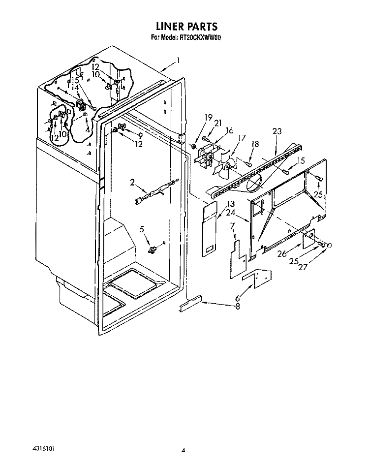 LINER Diagram and Parts List for RT20CKXWW00  Roper Refrigerator