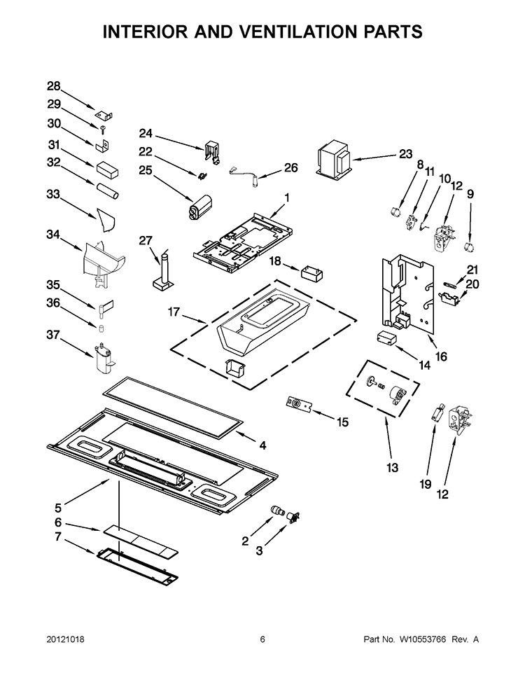 INTERIOR AND VENTILATION PARTS Diagram and Parts List for WMH76718AS0  Whirlpool Microwave