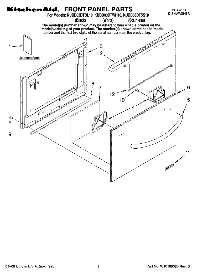 FRONT PANEL PARTS Diagram and Parts List for KUDD03DTSS10  KitchenAid Dishwasher