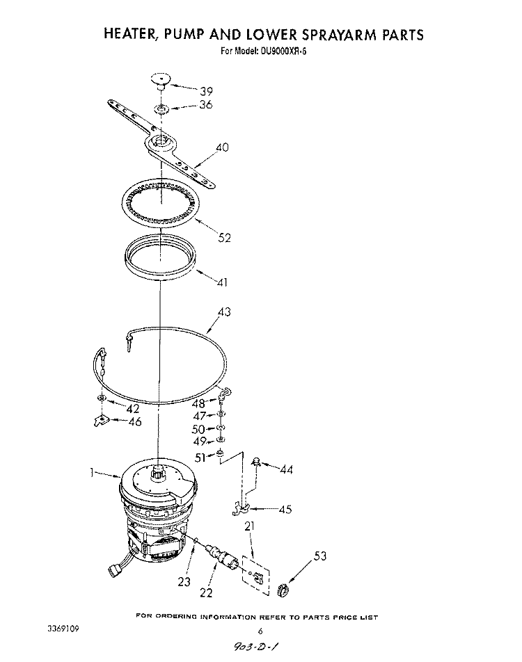 HEATER, PUMP AND LOWER SPRAY ARM Diagram and Parts List for DU9000XR6  Whirlpool Dishwasher