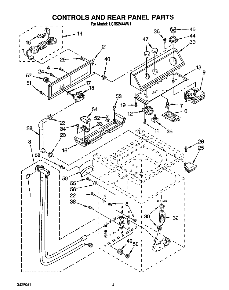 CONTROLS AND REAR PANEL Diagram and Parts List for LCR5244AN1  Whirlpool Washer