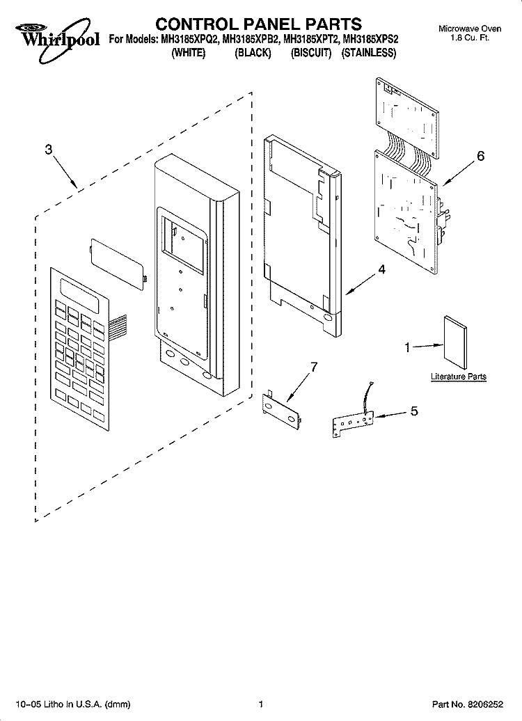 CONTROL PANEL PARTS Diagram and Parts List for MH3185XPT2  Whirlpool Microwave