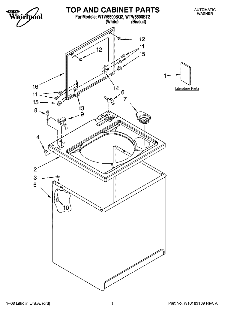 TOP AND CABINET PARTS Diagram and Parts List for WTW5500ST2  Whirlpool Washer