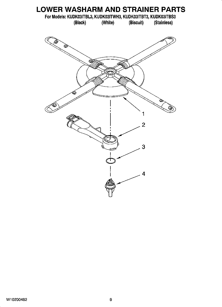 LOWER WASHARM AND STRAINER PARTS Diagram and Parts List for KUDK03ITBT3  KitchenAid Dishwasher
