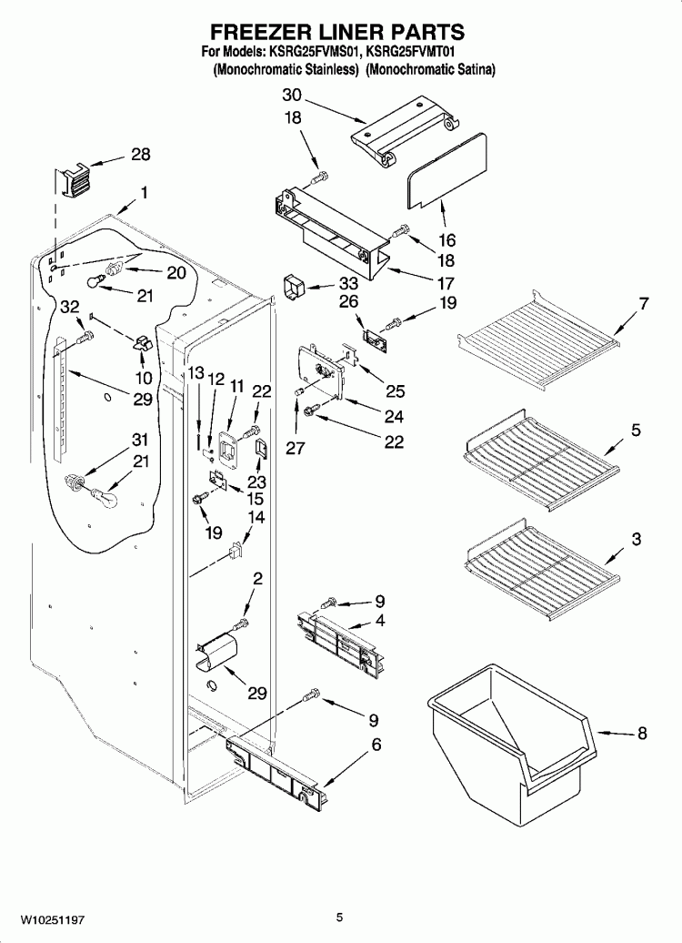 FREEZER LINER PARTS Diagram and Parts List for KSRG25FVMS01  KitchenAid Refrigerator