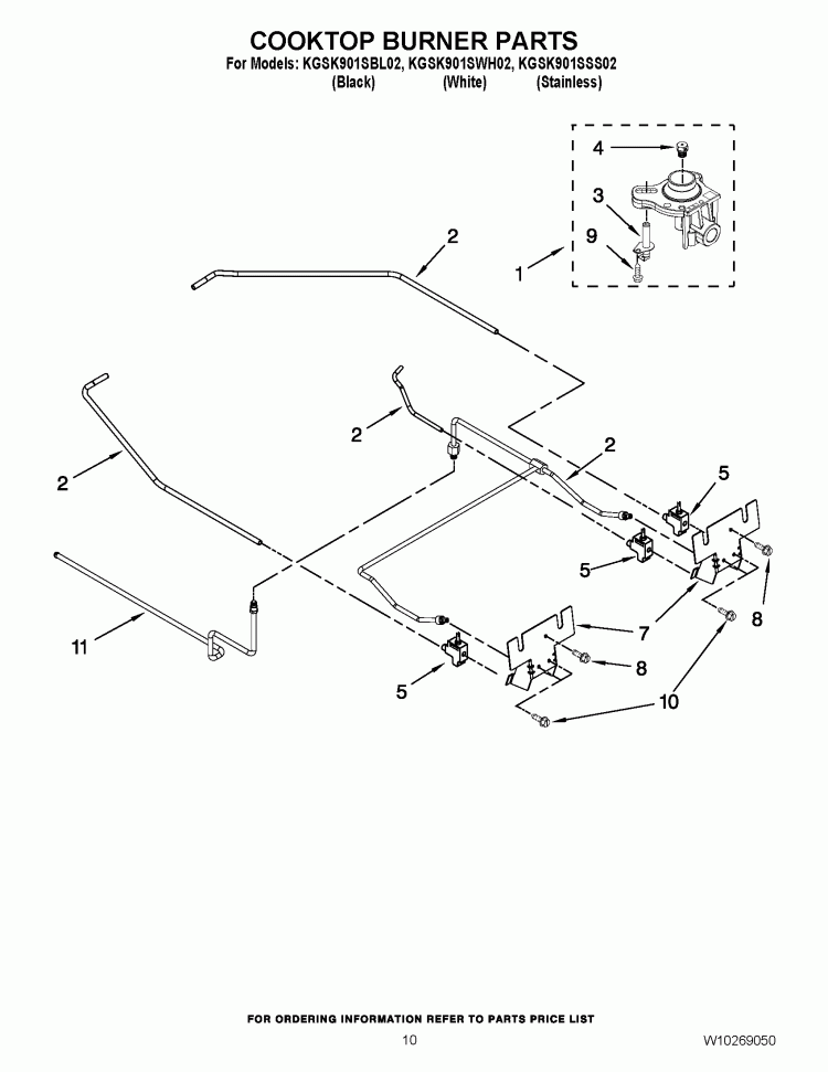 COOKTOP BURNER PARTS Diagram and Parts List for KGSK901SBL02  KitchenAid Range